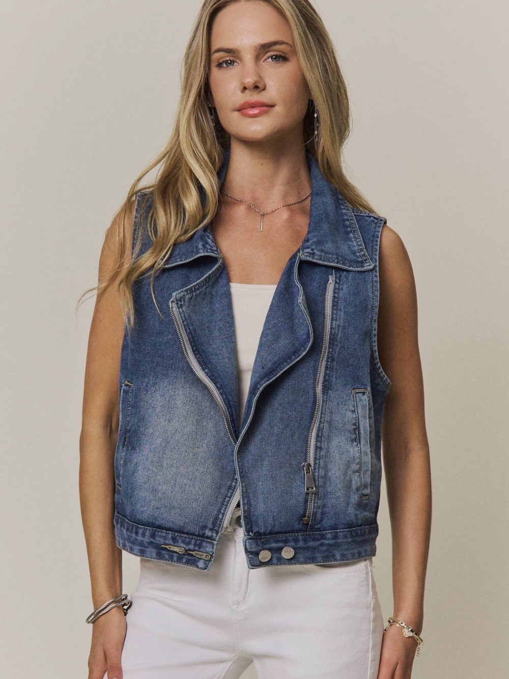 Zip denim jean lace crochet embroidered trim patchwork vest jacket top